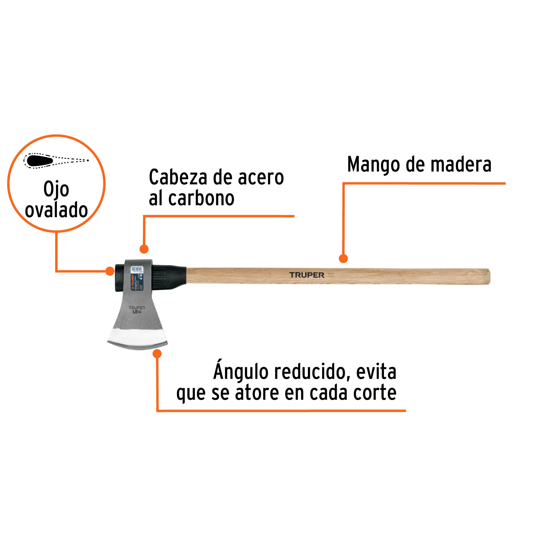 Hacha labor entera 4 lb, mango de madera 36', TRUPER