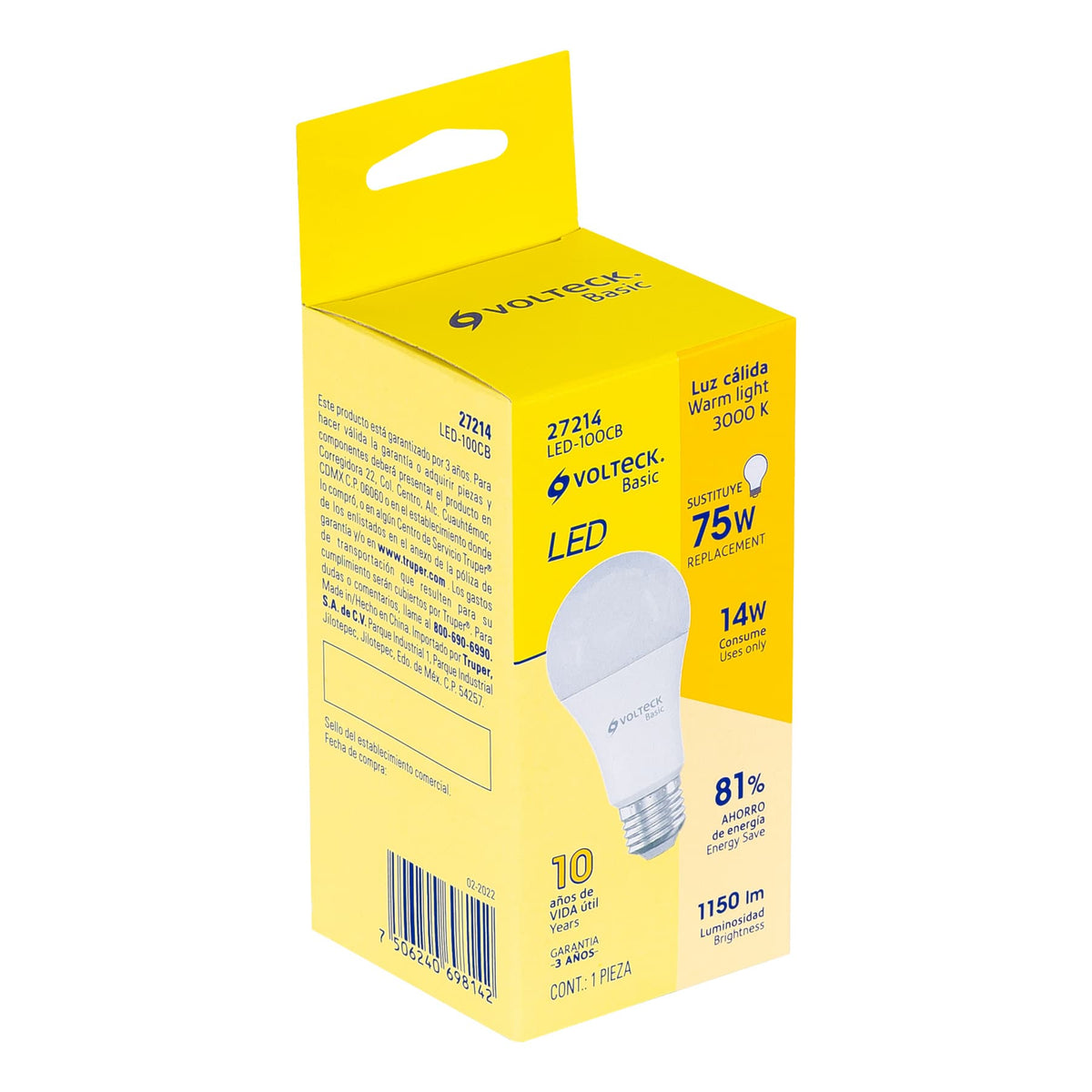 Foco LED 14W (75W) A19, 3000K blanca cálida, 1150 lm, BASIC