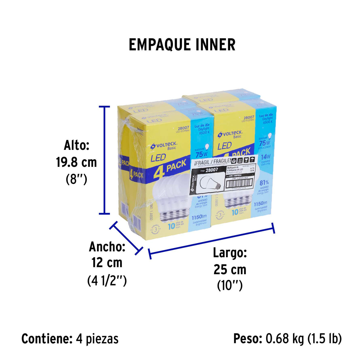 Pack 4 focos LED 14W (75W) A19, 6500K fría, 1150 lm, BASIC