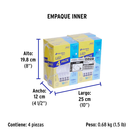Pack 4 focos LED 14W (75W) A19, 6500K fría, 1150 lm, BASIC