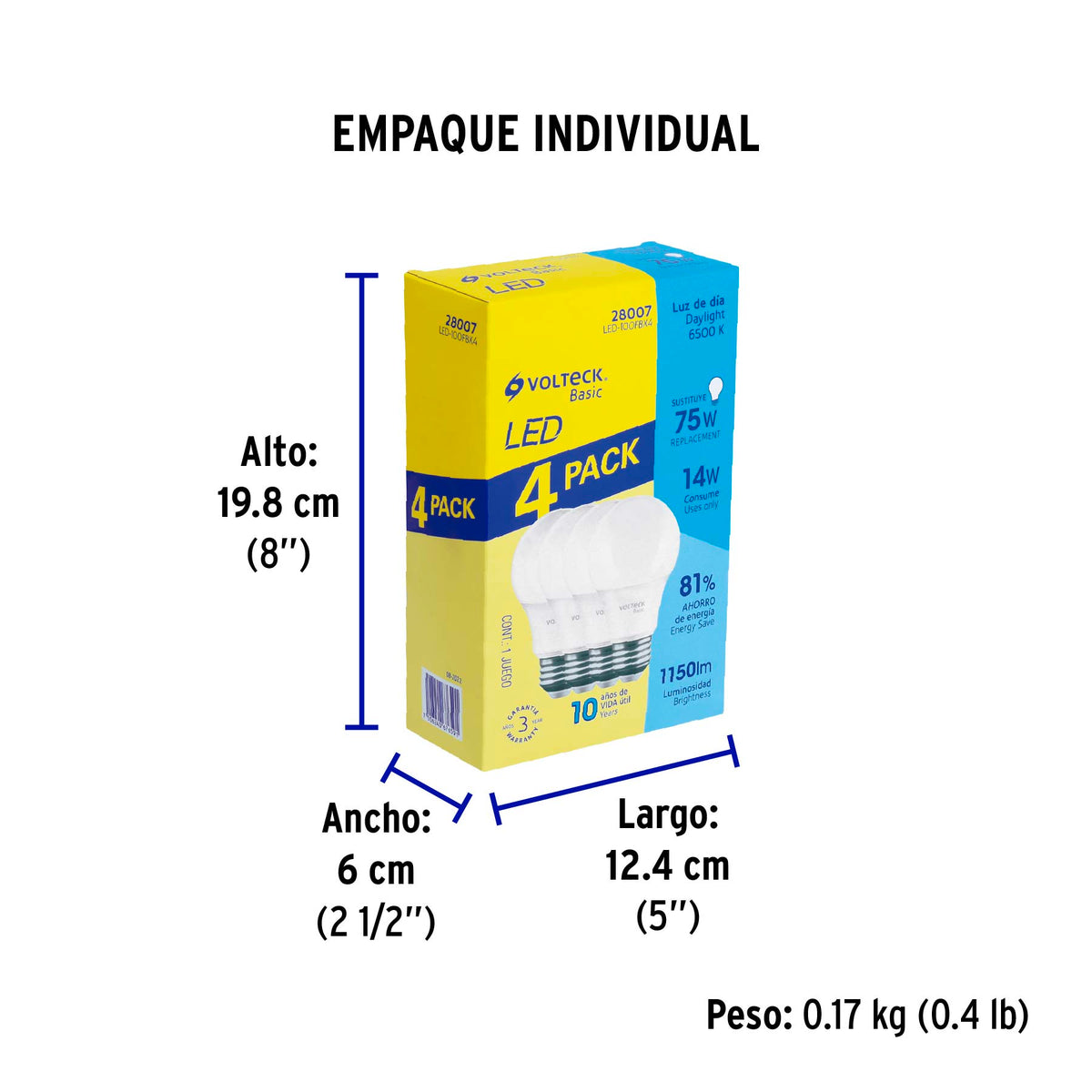 Pack 4 focos LED 14W (75W) A19, 6500K fría, 1150 lm, BASIC