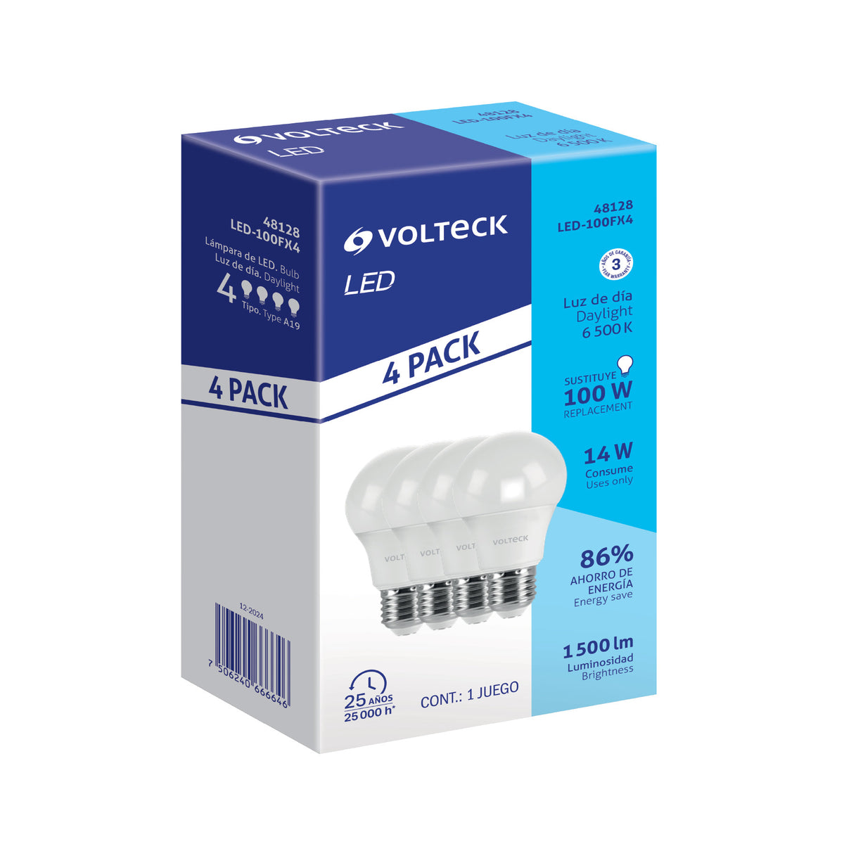 Pack 4 focos LED 14W (100W) A19 6500K blanca fria 1500 lm