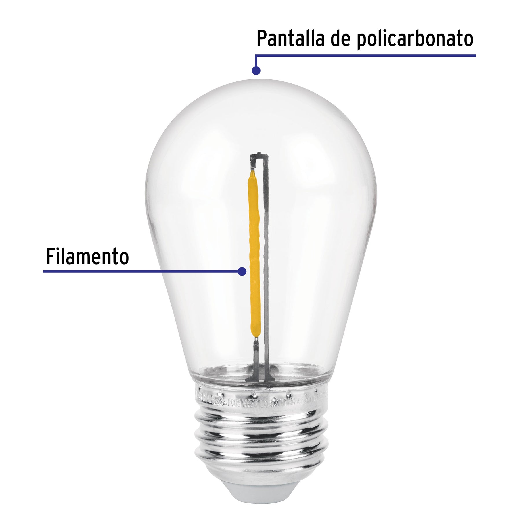 Foco LED filamento 1 W, S14, 2200K luz ambar, E26, VOLTECK