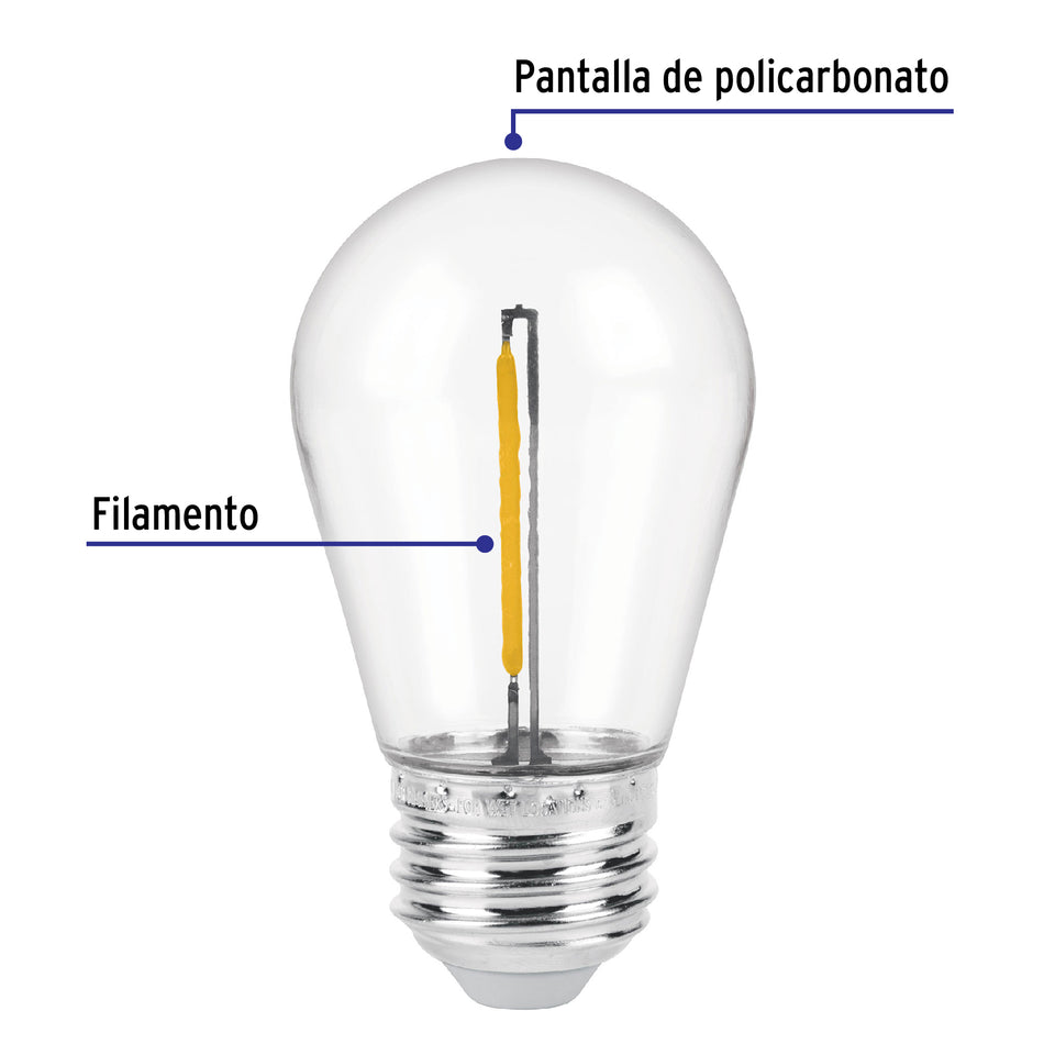 Foco LED filamento 1 W, S14, 2200K luz ambar, E26, VOLTECK