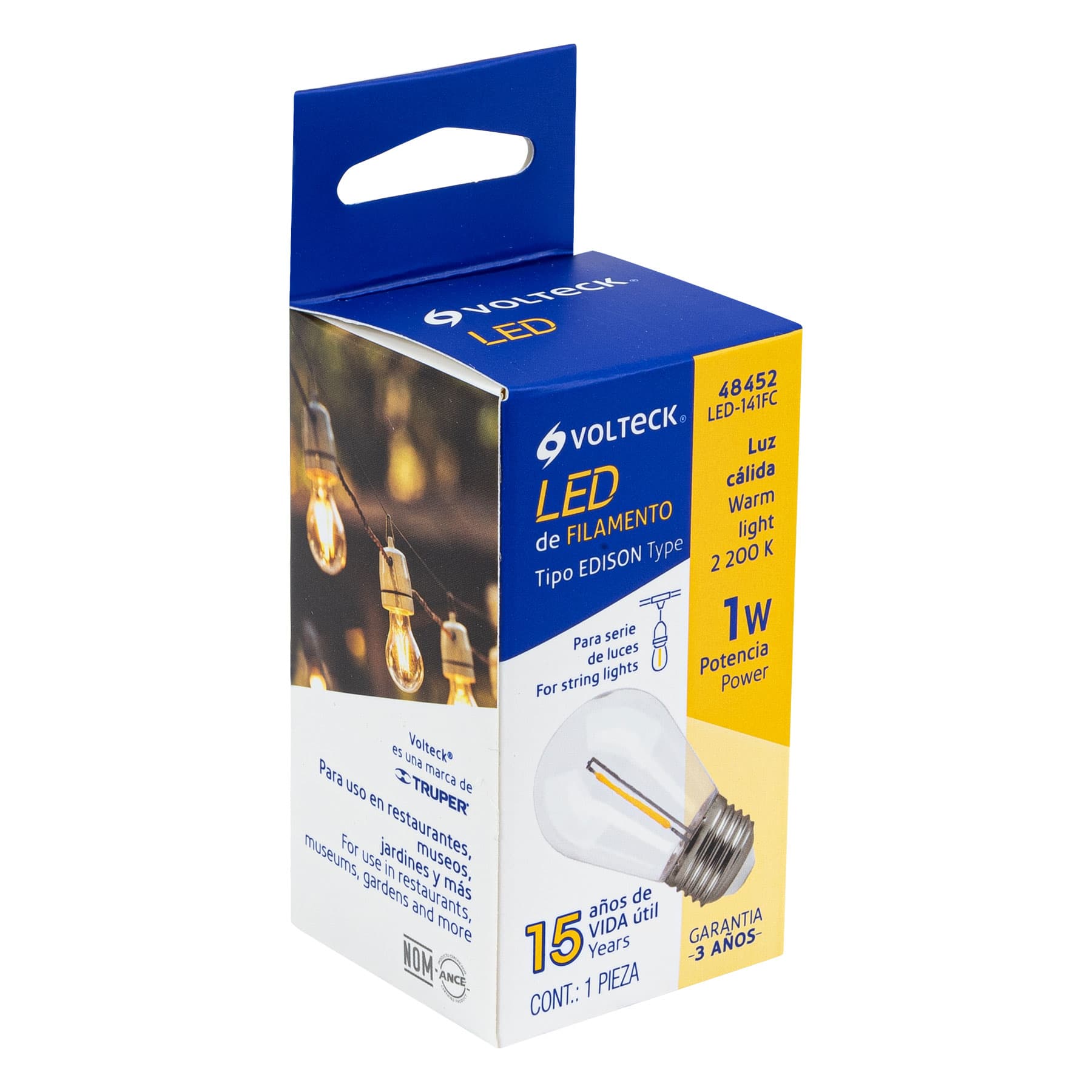 Foco LED filamento 1 W, S14, 2200K luz ambar, E26, VOLTECK