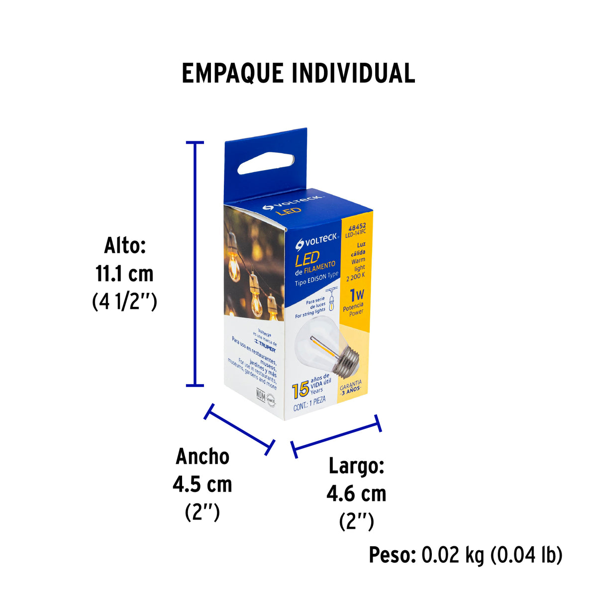 Foco LED filamento 1 W, S14, 2200K luz ambar, E26, VOLTECK