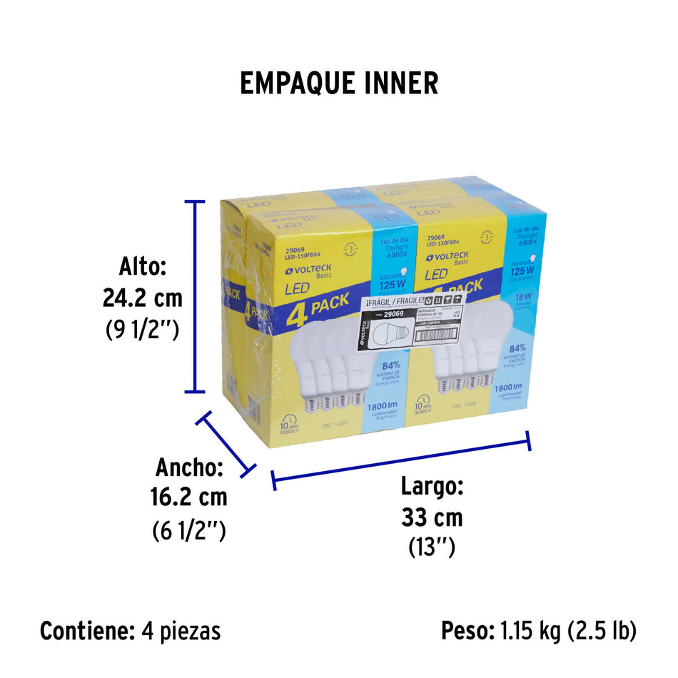 Pack 4 focos LED 18W (125W) A25, 6500K fría, 1800 lm, BASIC