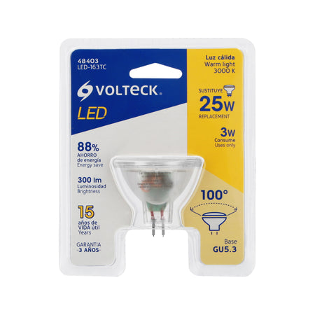 Lampara trans. de LED 3W MR16 base GU5.3 luz calida blister