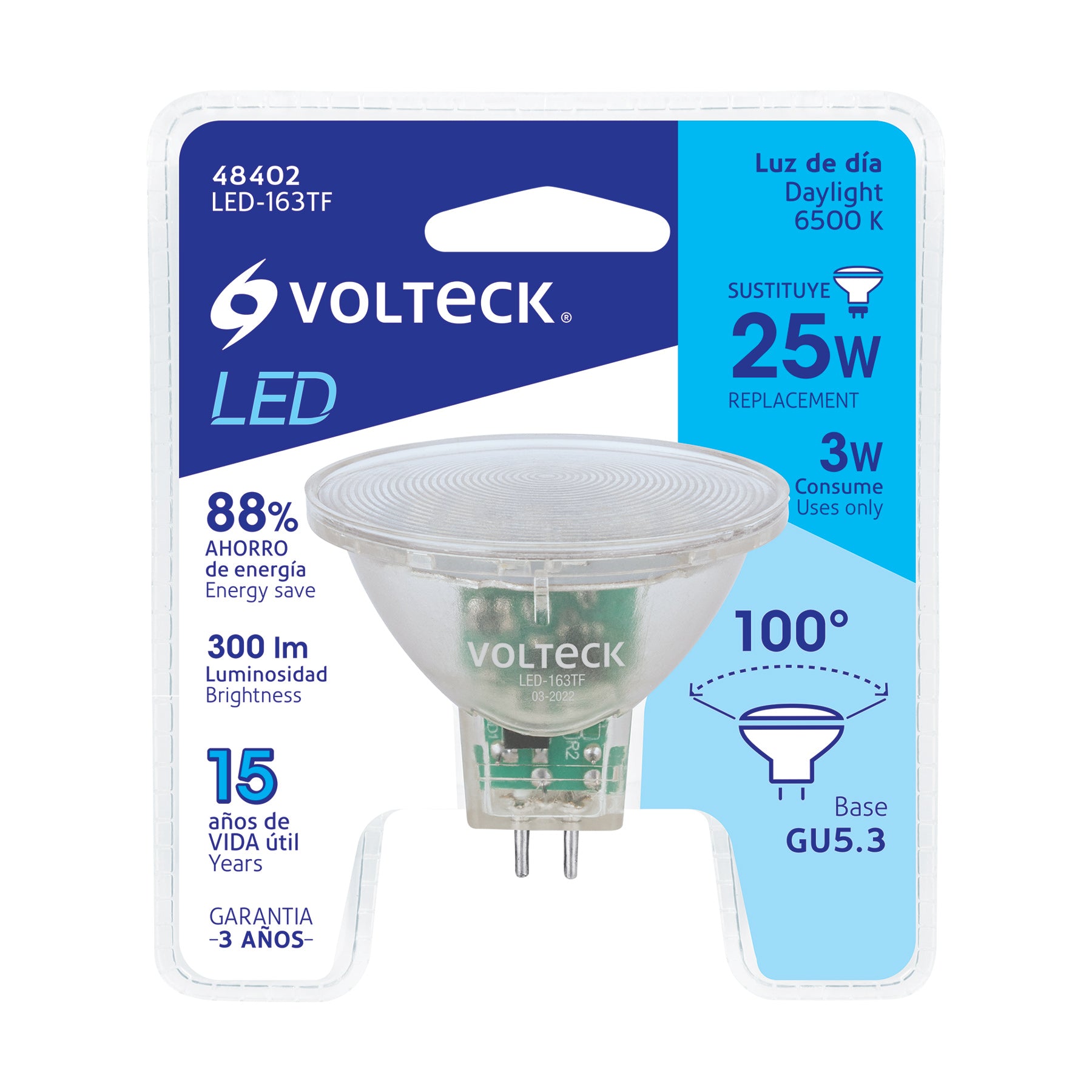 Lampara trans. de LED 3W MR16 base GU5.3 luz de dia blister
