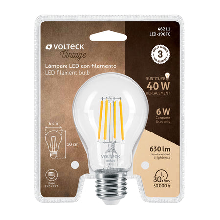 Foco LED filamento 6 W, A19, 2700K luz ambar, E26, VOLTECK