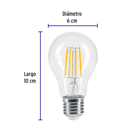 Foco LED filamento 6 W, A19, 2700K luz ambar, E26, VOLTECK