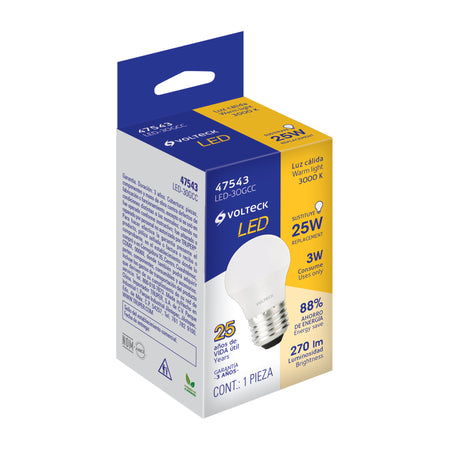 Foco LED 3W (25W) G45, 3000K blanca cálida, 270 lm, caja