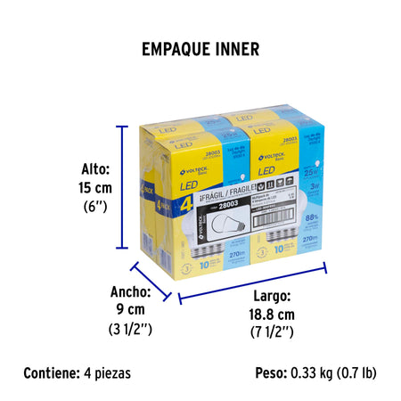 Pack 4 focos LED 3W (25W) G45, 6500K fría, 270 lm, BASIC