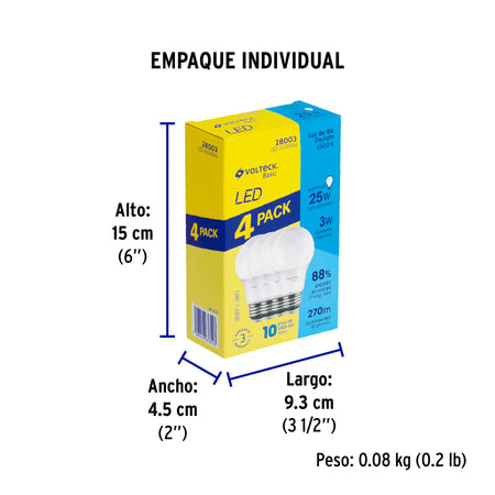 Pack 4 focos LED 3W (25W) G45, 6500K fría, 270 lm, BASIC