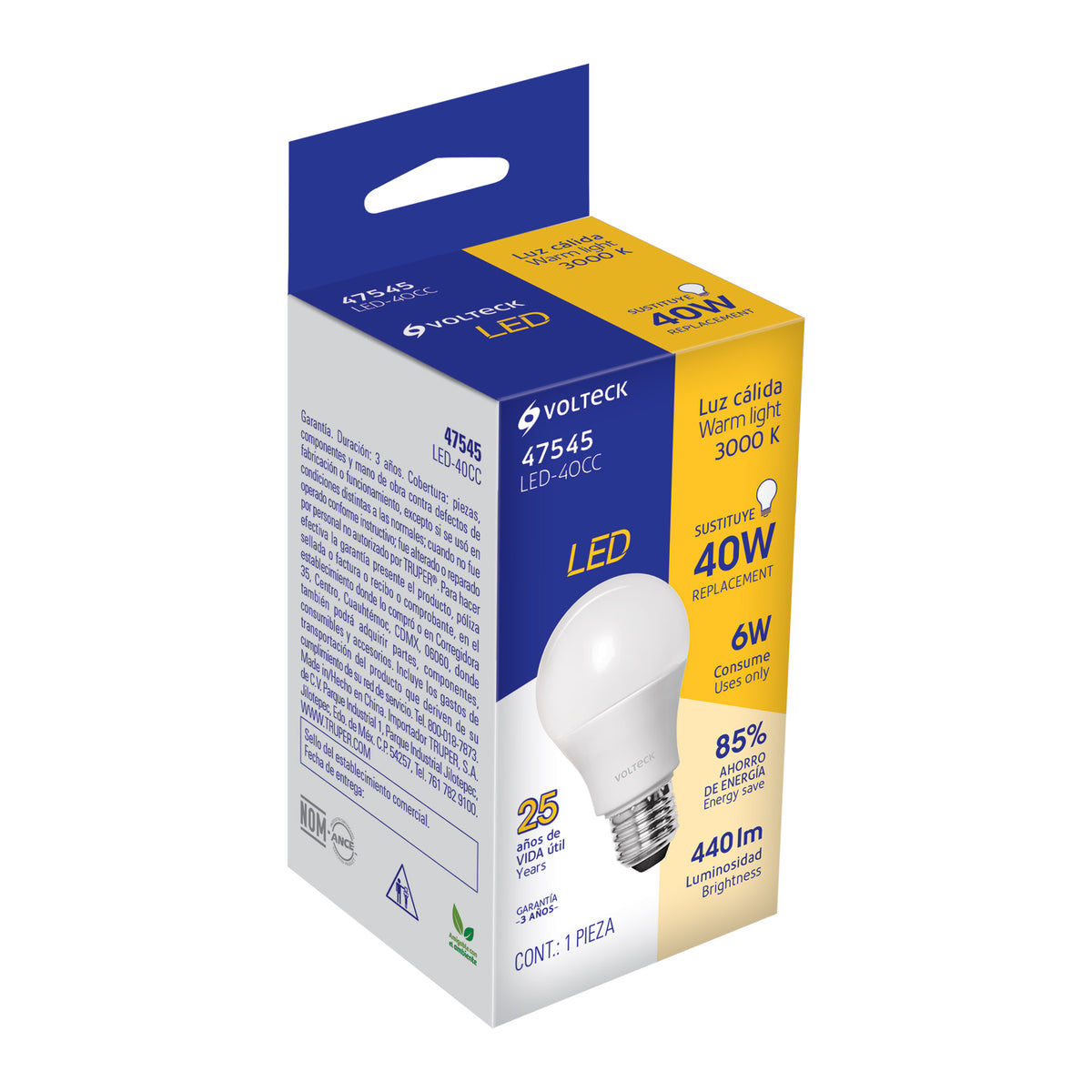 Foco LED 6W (40W) A19, 3000K blanca cálida, 440 lm, caja