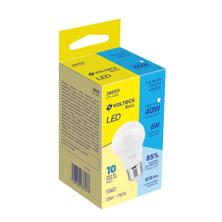 Foco LED 6W (40W) A19, 6500K blanca fría, 570 lm, BASIC