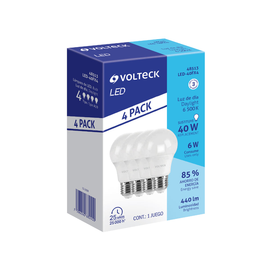 Pack 4 focos LED 6W (40W) A19, 6500K blanca fría, 440 lm