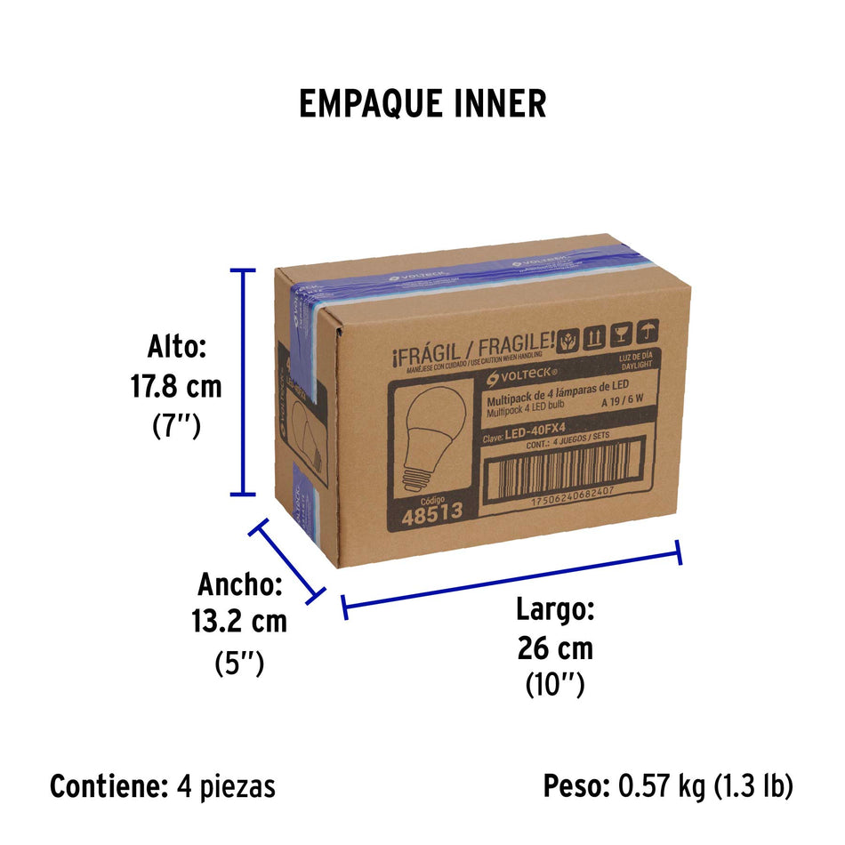 Pack 4 focos LED 6W (40W) A19, 6500K blanca fría, 440 lm