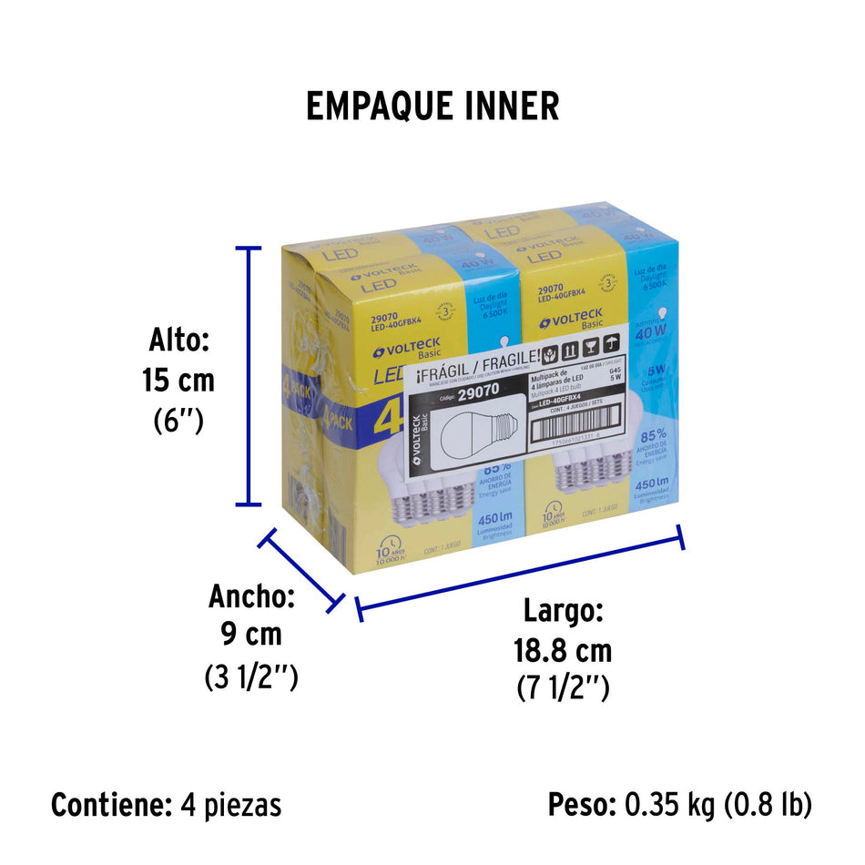 Pack 4 focos LED 5W (40W) G45, 6500K fría, 450 lm, BASIC