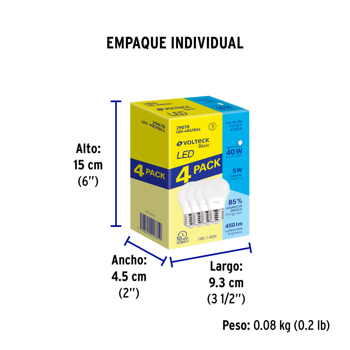 Pack 4 focos LED 5W (40W) G45, 6500K fría, 450 lm, BASIC