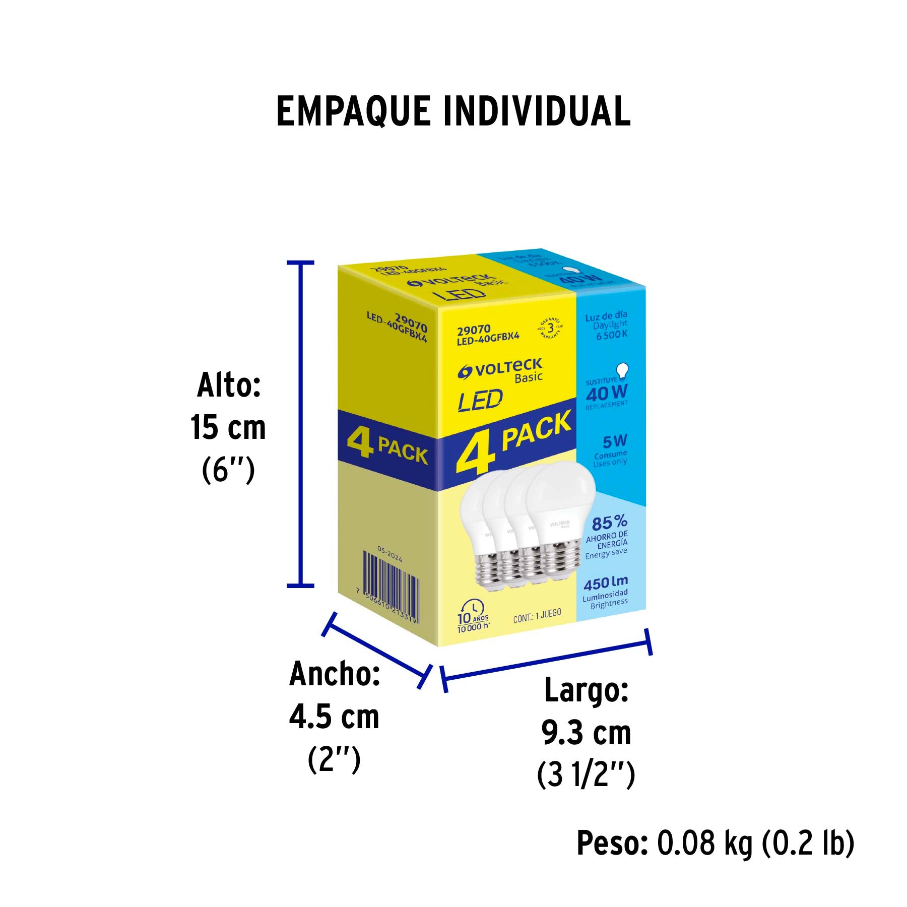 Pack 4 focos LED 5W (40W) G45, 6500K fría, 450 lm, BASIC