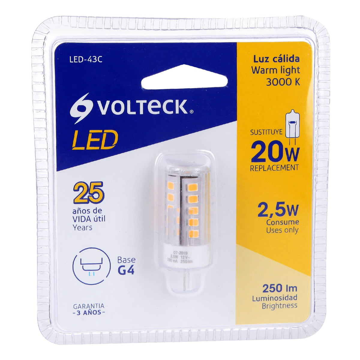 Foco LED 3 W tipo capsula 2700K luz ambar G4 VOLTECK