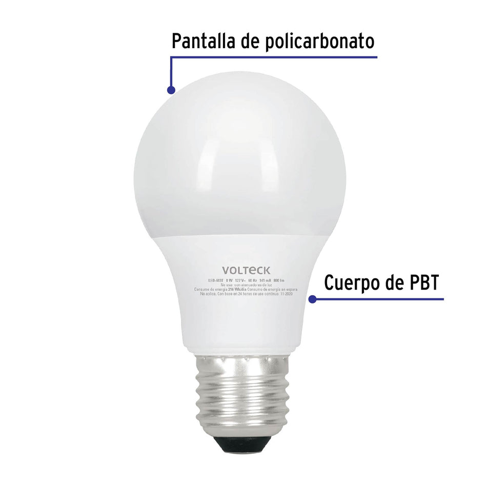 Foco LED 8W (60W) A19, con 3 tonos de luz, VOLTECK