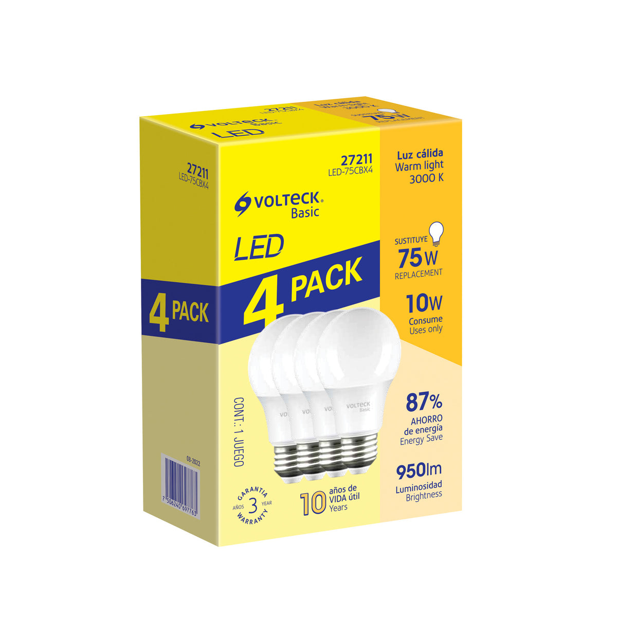 Pack 4 focos LED 8W (60W) A19, 3000K cálida, 790 lm, BASIC