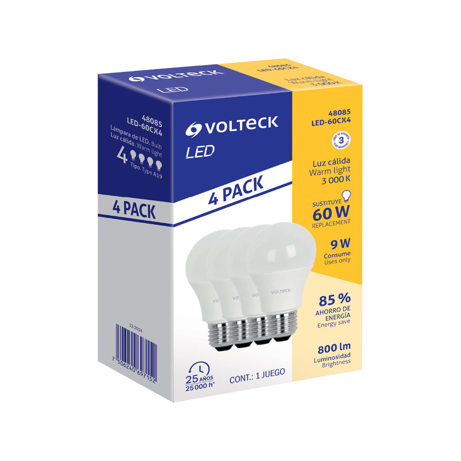 Pack 4 focos LED 9W (60W) A19, 3000K blanca cálida, 800 lm