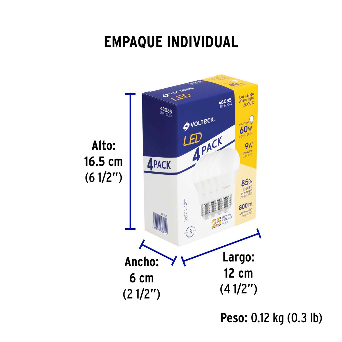 Pack 4 focos LED 9W (60W) A19, 3000K blanca cálida, 800 lm