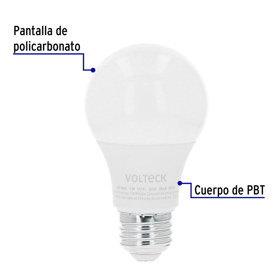 Foco LED 9W (60W) A19 3000K blanca cálida atenuable, VOLTECK