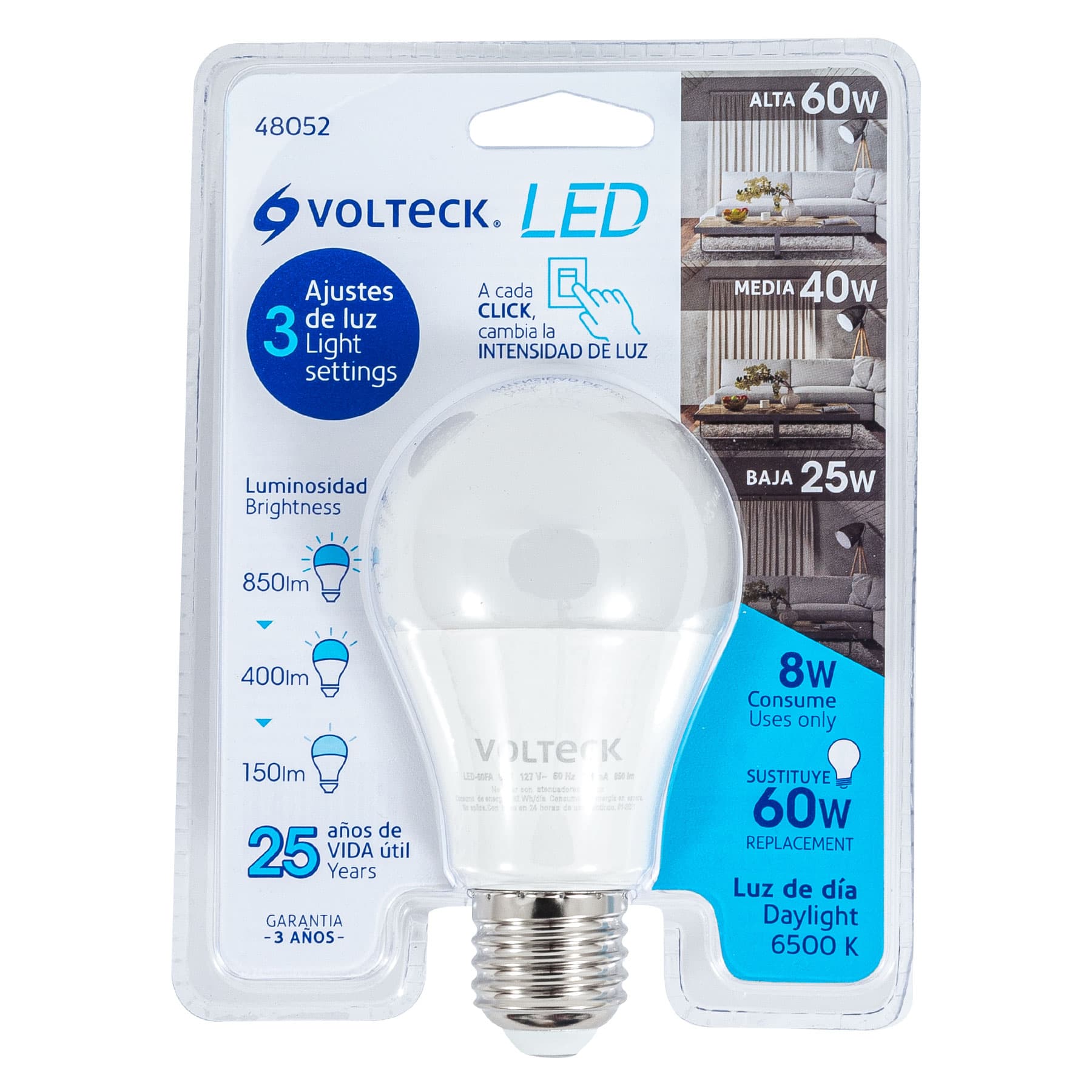 Foco LED 8W (60W) A19 6500K 3 niveles de luminosidad VOLTECK