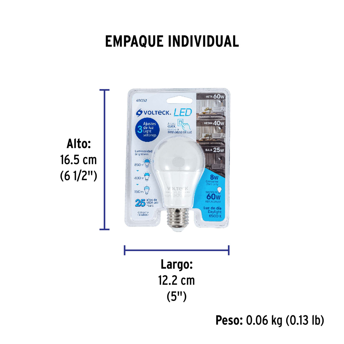 Foco LED 8W (60W) A19 6500K 3 niveles de luminosidad VOLTECK