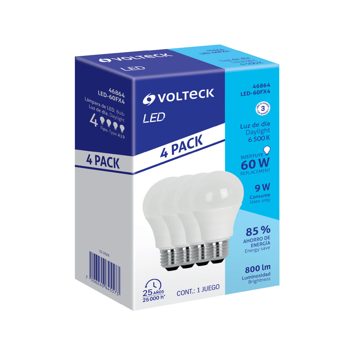 Pack 4 focos LED 9W (60W) A19, 6500K blanca fría, 800 lm