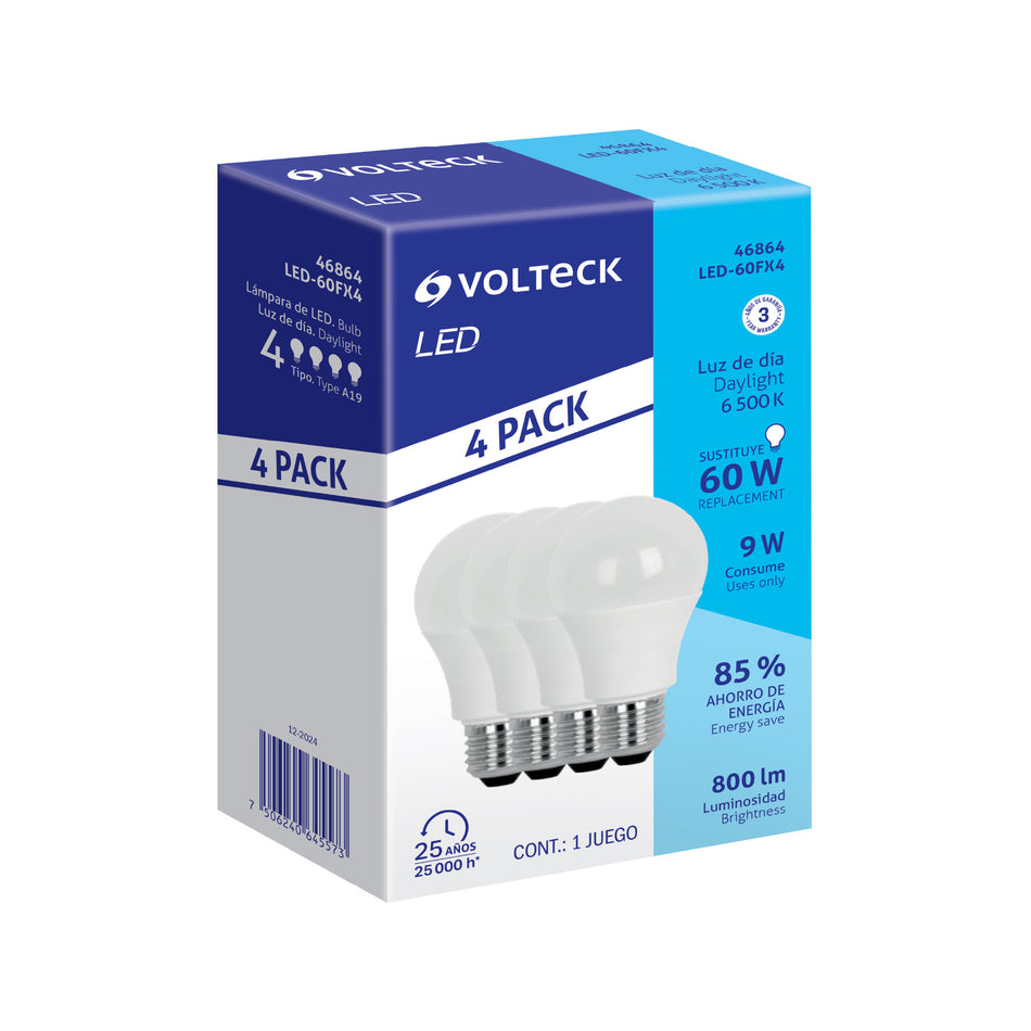 Pack 4 focos LED 9W (60W) A19, 6500K blanca fría, 800 lm