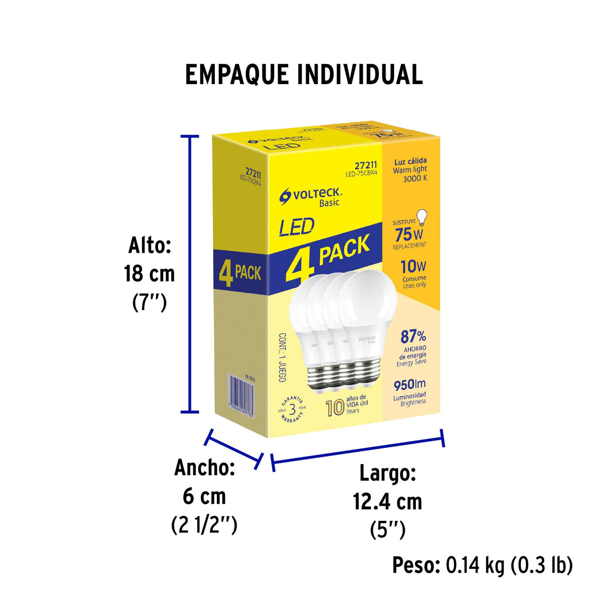 Pack 4 focos LED 10W (75W) A19, 3000K cálida, 950 lm, BASIC