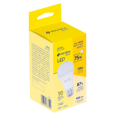 Foco LED 10W (75W) A19, 3000K blanca cálida, 950 lm, BASIC