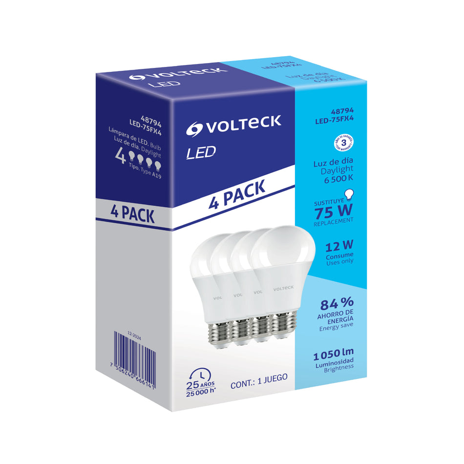Pack 4 focos LED 12W (75W) A19, 6500K blanca fría, 1050 lm