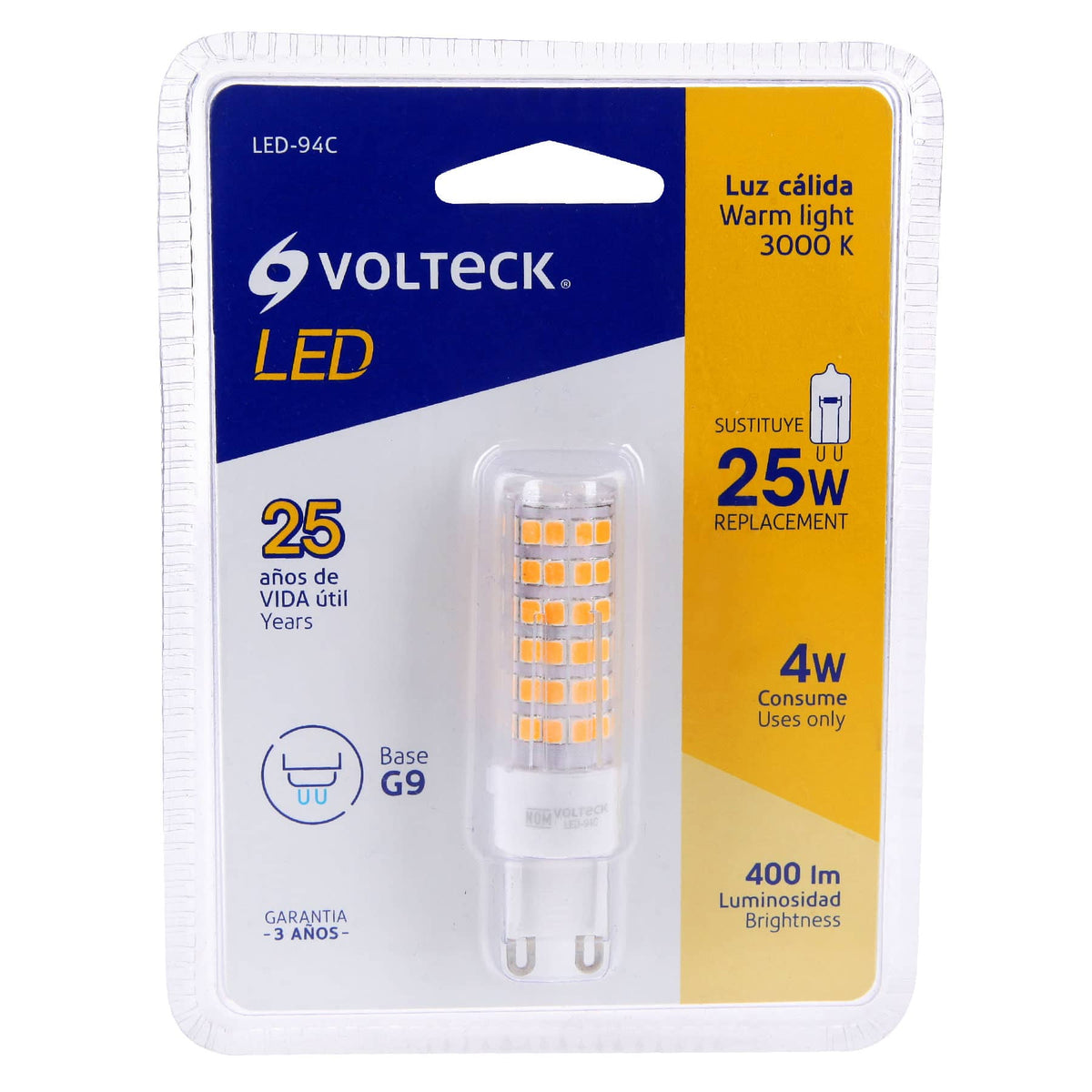 Foco LED 4 W tipo capsula 2700K luz ambar G9 VOLTECK