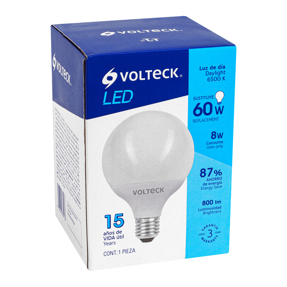 Foco LED 8 W, tipo globo G95,6500K blanca fría, E26, VOLTECK
