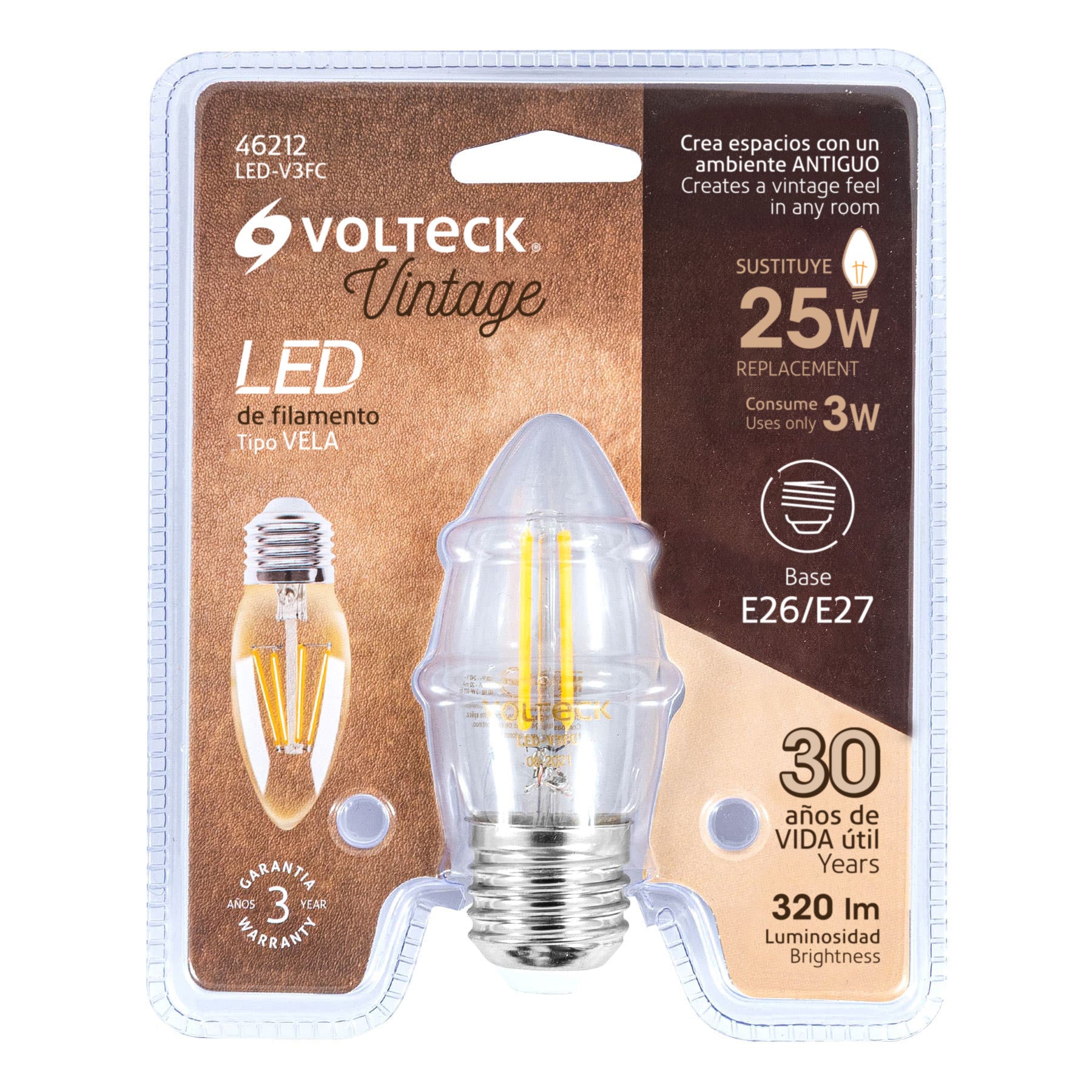 Foco LED filamento 3 W, vela, 2700K luz ambar, E26, VOLTECK