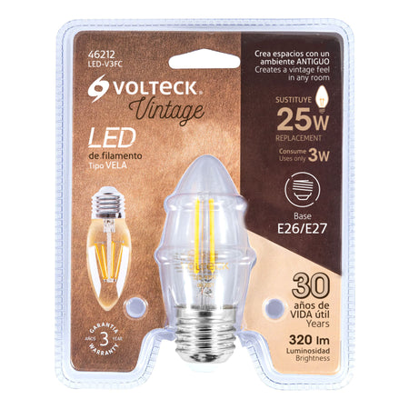 Foco LED filamento 3 W, vela, 2700K luz ambar, E26, VOLTECK