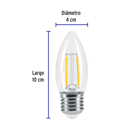 Foco LED filamento 3 W, vela, 2700K luz ambar, E26, VOLTECK