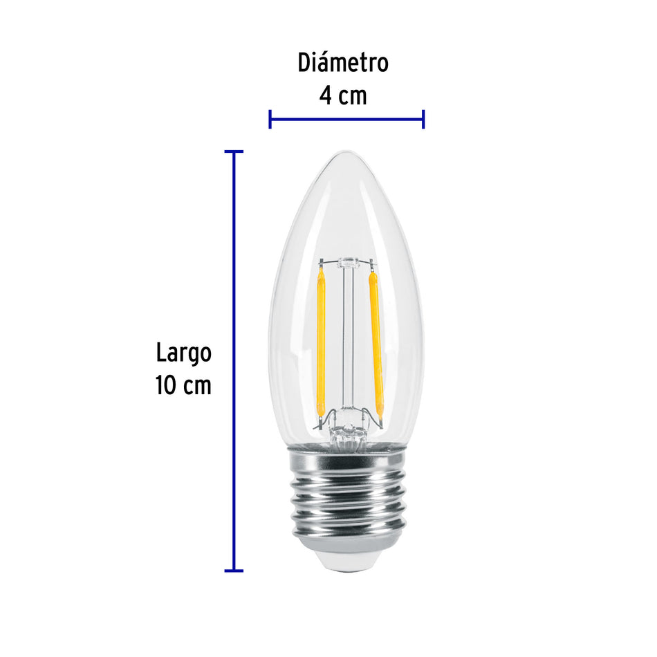 Foco LED filamento 3 W, vela, 2700K luz ambar, E26, VOLTECK