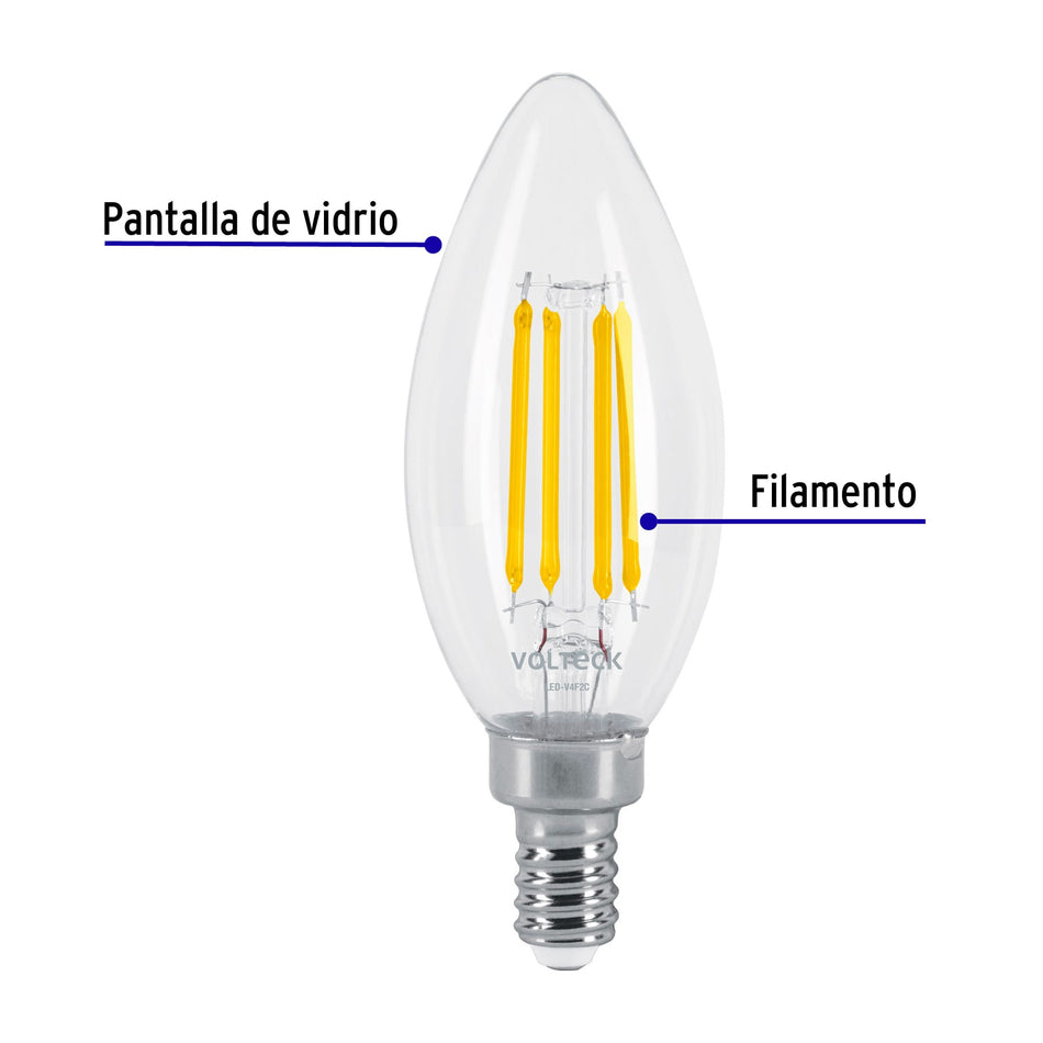 Foco LED filamento 4 W, vela, 2700K luz ambar, E12, VOLTECK
