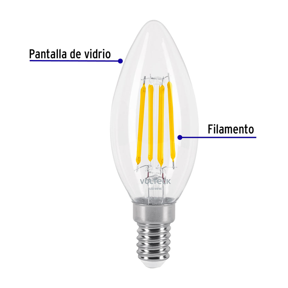 Foco LED filamento 4 W, vela, 2700K luz ambar, E14, VOLTECK