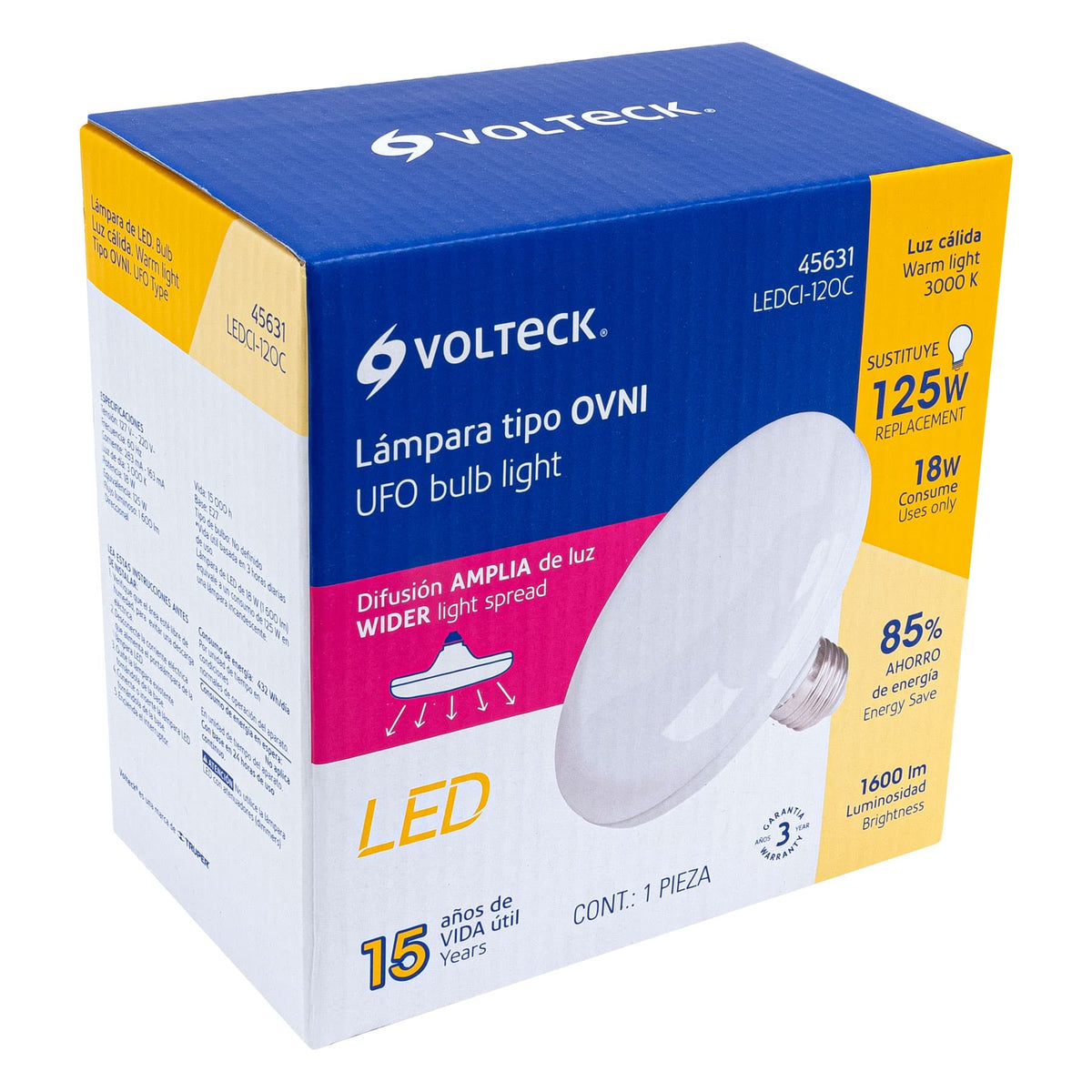 Lampara de LED tipo OVNI 18 W luz calida en caja Volteck