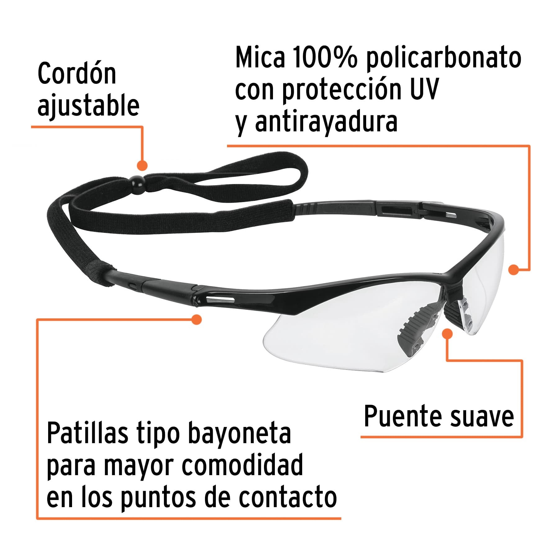 Lentes seguridad ámbar antiempaño c/cordón ajustable, Sport