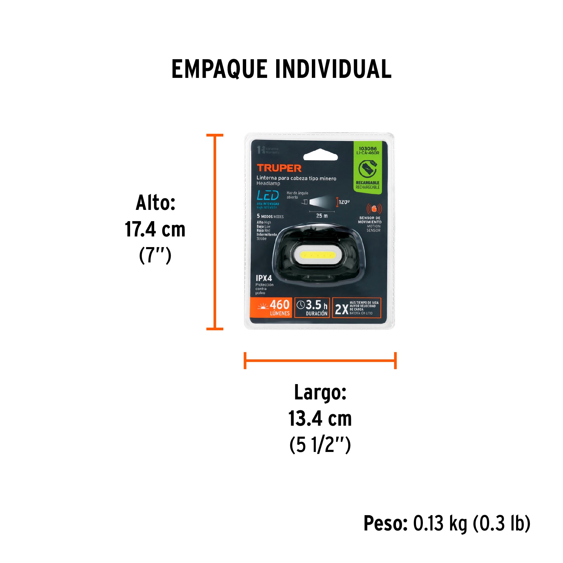 Linterna de minero LED con sensor recargable TRUPER 460 lm