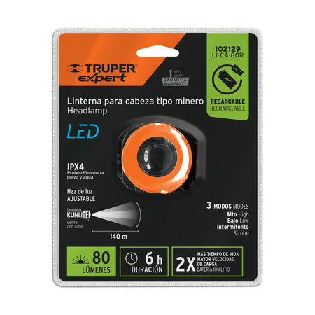Linterna de minero LED 80 lm, recargable, TRUPER EXPERT